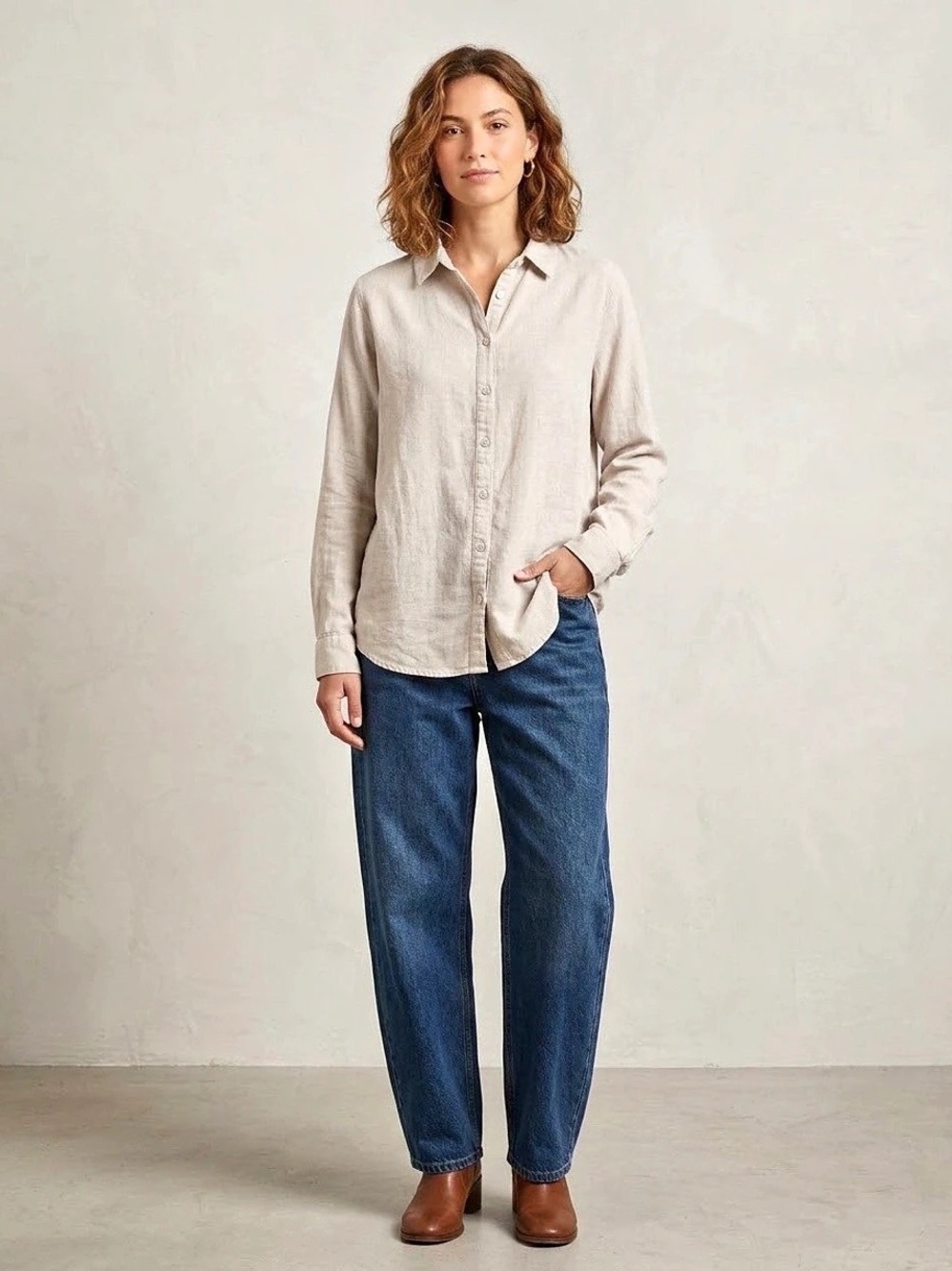 Mi Ami Linen Blend Button Down Shirt in Beige Large Like New